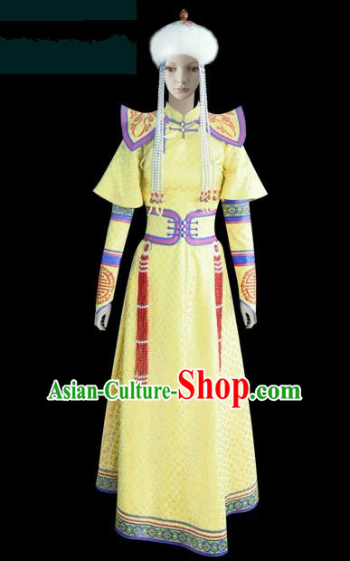 Traditional Chinese Mongol Nationality Dance Costume Princess Yellow Dress, Chinese Mongolian Minority Nationality Embroidery Mongolian Robe Clothing for Women