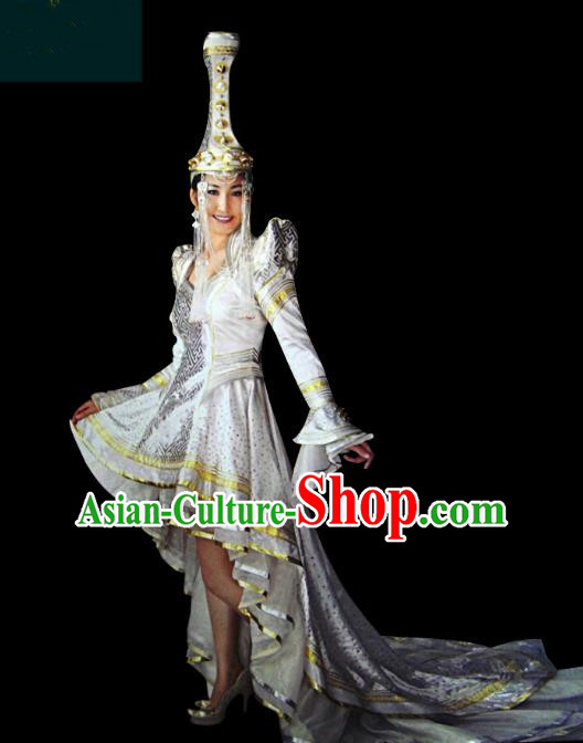 Traditional Chinese Mongol Nationality Dance Costume Princess Trailing Dress, Chinese Mongolian Minority Nationality Embroidery Mongolian Robe Clothing for Women