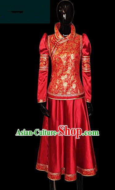 Traditional Chinese Mongol Nationality Dance Costume Female Red Mongolian Robe, Chinese Mongolian Minority Nationality Princess Embroidery Costume for Women