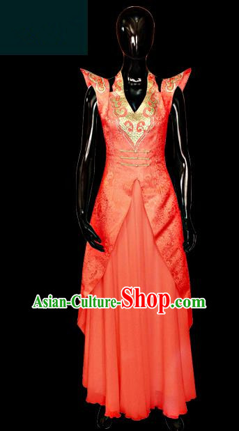 Traditional Chinese Mongol Nationality Dance Costume Red Full Dress, Chinese Mongolian Minority Nationality Princess Embroidery Clothing for Women