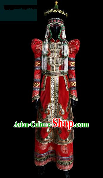 Traditional Chinese Mongol Nationality Dance Costume Female Red Pleated Dress, Chinese Mongolian Minority Nationality Princess Embroidery Wedding Clothing for Women