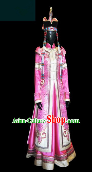 Traditional Chinese Mongol Nationality Wedding Costume Female Pink Pleated Skirt, Chinese Mongolian Minority Nationality Princess Embroidery Costume for Women