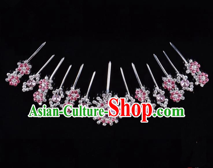Traditional Beijing Opera Diva Hair Accessories Pink Crystal Hairpins Head Ornaments Complete Set, Ancient Chinese Peking Opera Hua Tan Hair Stick Headwear