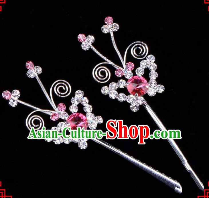 Traditional Beijing Opera Diva Hair Accessories Pink Crystal Butterfly Hairpins, Ancient Chinese Peking Opera Hua Tan Hair Stick Headwear