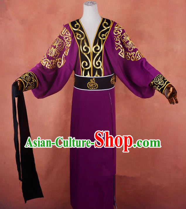 Top Grade Professional Beijing Opera Taoist Priest Costume Purple Embroidered Robe, Traditional Ancient Chinese Peking Opera Elder Zhang Guo Embroidery Clothing