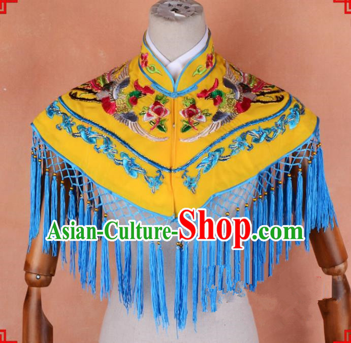 Top Grade Professional Beijing Opera Palace Lady Costume Hua Tan Yellow Embroidered Cloud Shoulder, Traditional Ancient Chinese Peking Opera Diva Embroidery Clothing