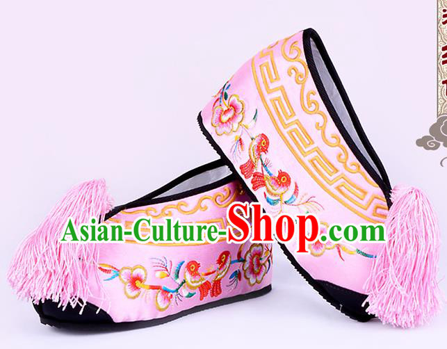 Traditional Beijing Opera Hua Tan Embroidered Shoes Young Lady Princess Shoes, Ancient Chinese Peking Opera Diva Pink Blood Stained Shoes