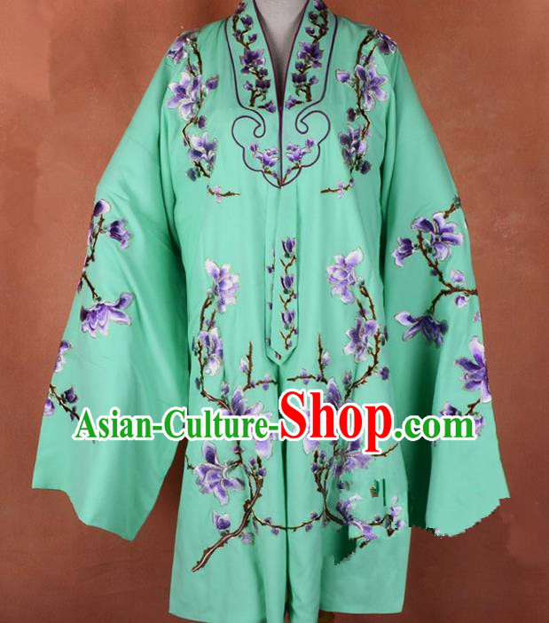 Top Grade Professional Beijing Opera Young Lady Costume Hua Tan Green Embroidered Outerwear, Traditional Ancient Chinese Peking Opera Diva Embroidery Mangnolia Clothing