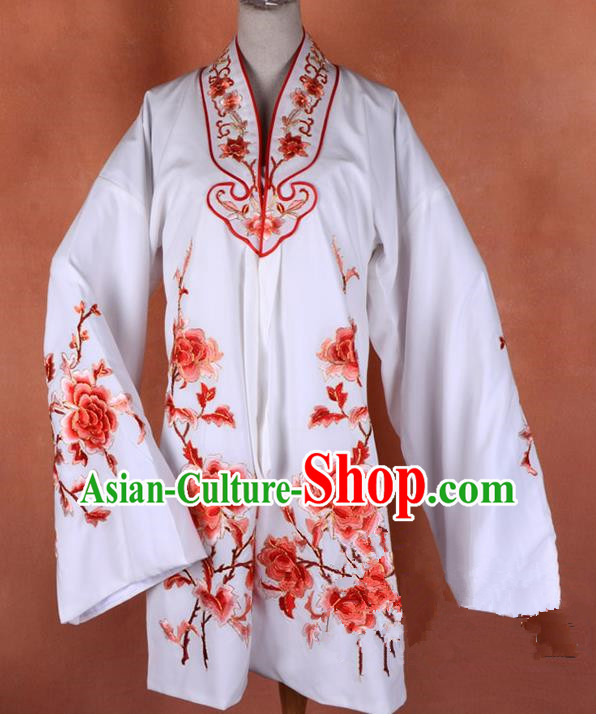 Top Grade Professional Beijing Opera Young Lady Costume Hua Tan White Embroidered Outerwear, Traditional Ancient Chinese Peking Opera Diva Embroidery Mangnolia Clothing