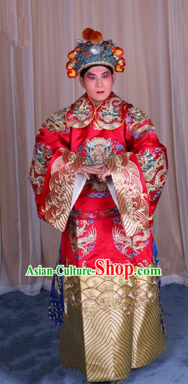 Top Grade Professional Beijing Opera Emperor Costume Red Embroidered Robe Gwanbok, Traditional Ancient Chinese Peking Opera Royal Highness Embroidery Dragons Clothing