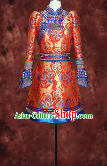 Traditional Chinese Mongol Nationality Dance Costume, Mongols Female Folk Dance Ethnic Wedding Robe, Chinese Mongolian Minority Nationality Embroidery Costume for Women