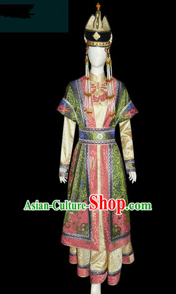 Traditional Chinese Mongol Nationality Dance Costume, Female Folk Dance Green Satin Mongolian Robe, Chinese Mongolian Minority Nationality Embroidery Costume for Women