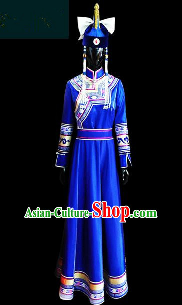 Traditional Chinese Mongol Nationality Dance Costume Female Blue Pleated Skirt, Chinese Mongolian Minority Nationality Princess Embroidery Costume for Women