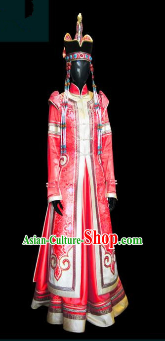 Traditional Chinese Mongol Nationality Dance Costume Female Red Mongolian Robe and Hat, Chinese Mongolian Minority Nationality Embroidery Clothing for Women