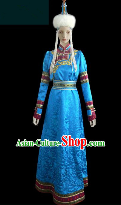 Traditional Chinese Mongol Nationality Dance Costume Female Blue Mongolian Robe, Chinese Mongolian Minority Nationality Princess Embroidery Costume for Women