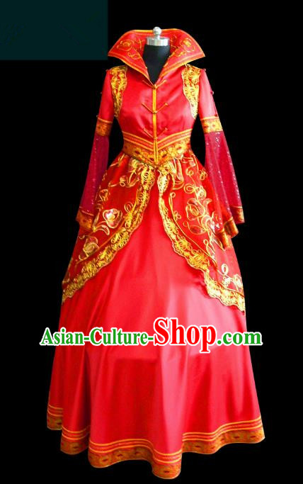 Traditional Chinese Mongol Nationality Dance Costume Palace Lady Red Wedding Mongolian Robe, Chinese Mongolian Minority Nationality Princess Embroidery Costume for Women