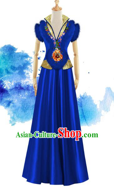Traditional Chinese Modern Dancing Compere Performance Costume, Opening Classic Chorus Singing Group Dance Blue Dress for Women