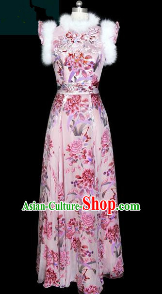 Traditional Chinese Modern Dancing Compere Performance Costume, Opening Classic Chorus Singing Group Dance Pink Cheongsam for Women