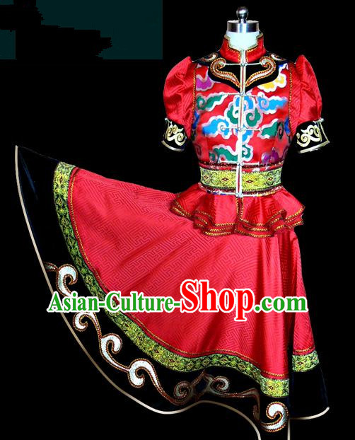 Traditional Chinese Mongol Nationality Dance Costume Female Red Pleated Skirt, Chinese Mongolian Minority Nationality Princess Embroidery Clothing for Women