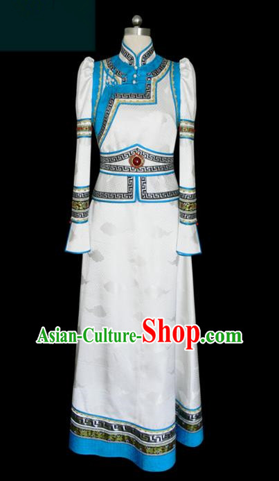 Traditional Chinese Mongol Nationality Dance Costume White Mongolian Robe, Chinese Mongolian Minority Nationality Clothing for Women