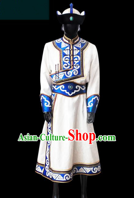 Traditional Chinese Mongol Nationality Costume Male White Mongolian Robe, Chinese Mongolian Minority Nationality Clothing for Men