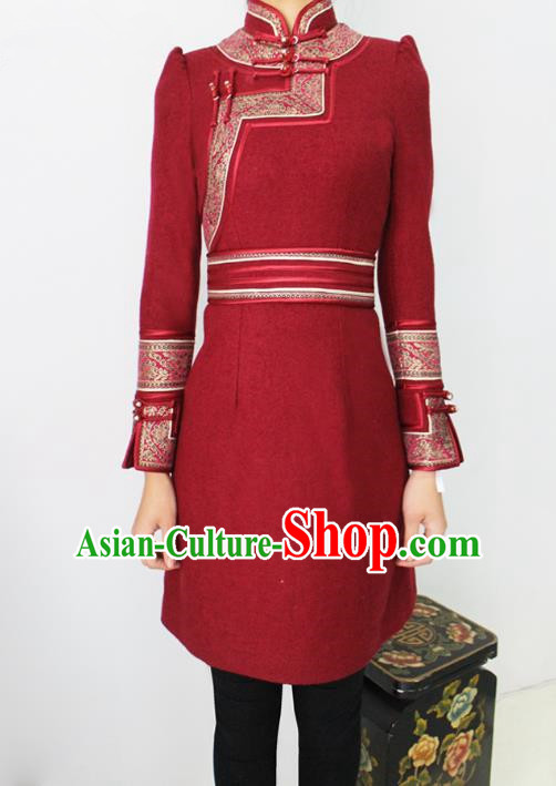 Traditional Chinese Mongol Nationality Dance Costume Red Woolen Dress, Chinese Mongolian Minority Nationality Princess Mongolian Robe for Women