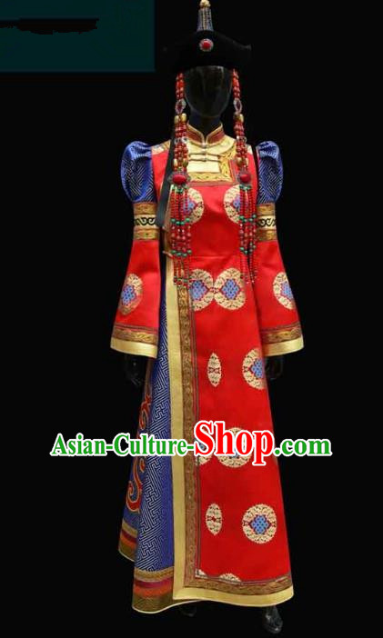 Traditional Chinese Mongol Nationality Costume Queen Wedding Full Dress, Chinese Mongolian Minority Nationality Bride Red Mongolian Robe for Women