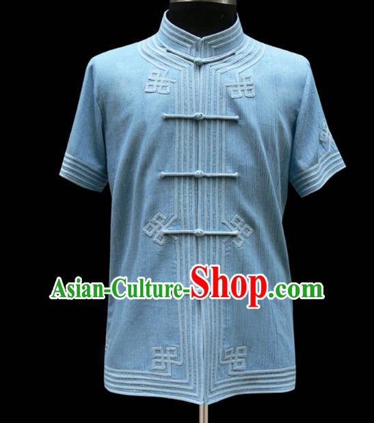Traditional Chinese Mongol Nationality Costume Blue Shirt, Chinese Mongolian Minority Nationality Upper Outer Garment for Men