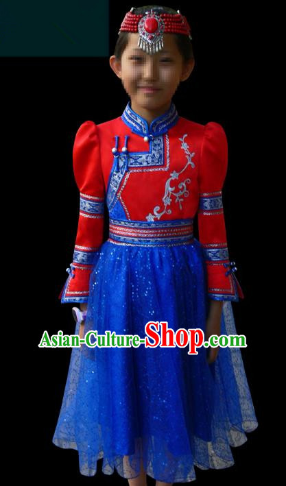 Traditional Chinese Mongol Nationality Costume Children Red Mongolian Robe, Chinese Mongolian Minority Nationality Dance Veil Dress Clothing for Kids