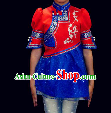 Traditional Chinese Mongol Nationality Costume Children Mongolian Robe, Chinese Mongolian Minority Nationality Dance Blue Veil Dress Clothing for Kids