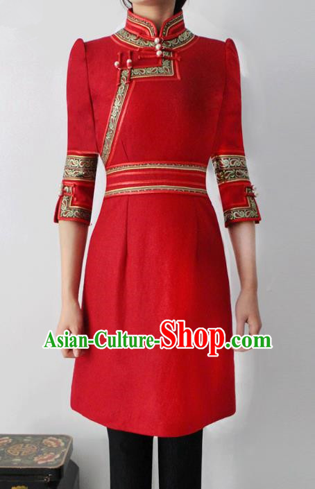 Traditional Chinese Mongol Nationality Costume Red Short Dress Mongolian Robe, Chinese Mongolian Minority Nationality Dance Clothing for Women