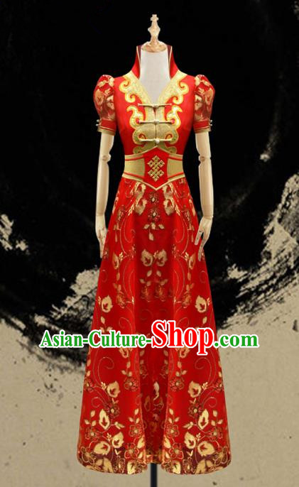 Traditional Chinese Mongol Nationality Costume Red Dress Mongolian Robe, Chinese Mongolian Minority Nationality Dance Clothing for Women