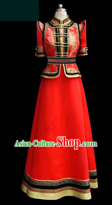 Traditional Chinese Mongol Nationality Costume Red Dress Bride Mongolian Robe, Chinese Mongolian Minority Dance Wedding Clothing for Women