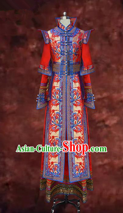 Traditional Chinese Mongol Nationality Costume Dress Bride Red Mongolian Robe, Chinese Mongolian Minority Wedding Clothing for Women