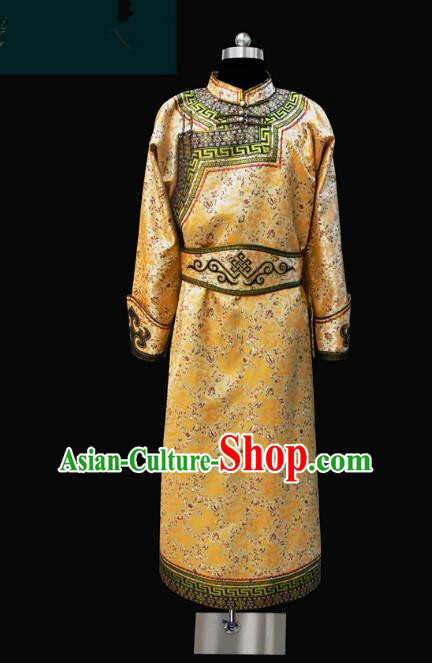 Traditional Chinese Mongol Nationality Dance Costume Golden Mongolian Robe, Chinese Mongolian Minority Nationality Royal Highness Embroidery Costume for Men