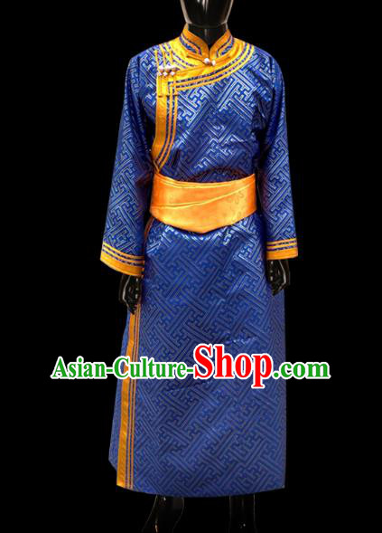 Traditional Chinese Mongol Nationality Dance Costume Wedding Clothing, Chinese Mongolian Minority Nationality Bridegroom Blue Mongolian Robe for Men