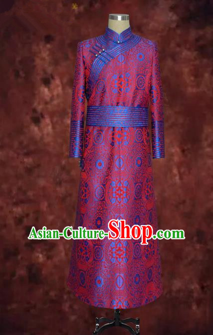 Traditional Chinese Mongol Nationality Dance Costume Rosy Mongolian Robe, Chinese Mongolian Minority Nationality Royal Highness Embroidery Costume for Men