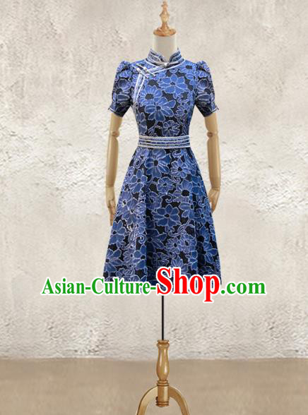 Traditional Chinese National Costume Elegant Hanfu Dress, China Tang Suit Plated Buttons Navy Chirpaur Cheongsam Qipao for Women