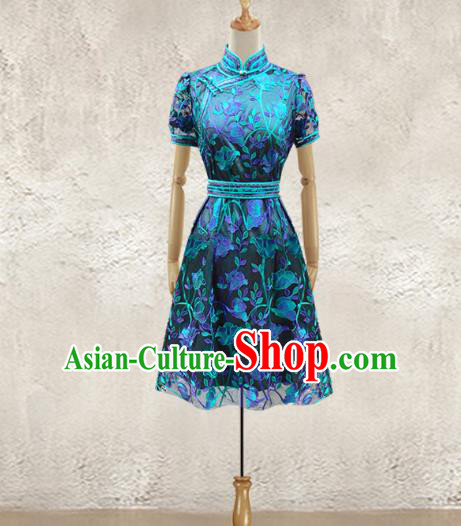 Traditional Chinese National Costume Elegant Hanfu Dress, China Tang Suit Plated Buttons Blue Chirpaur Lace Cheongsam Qipao for Women