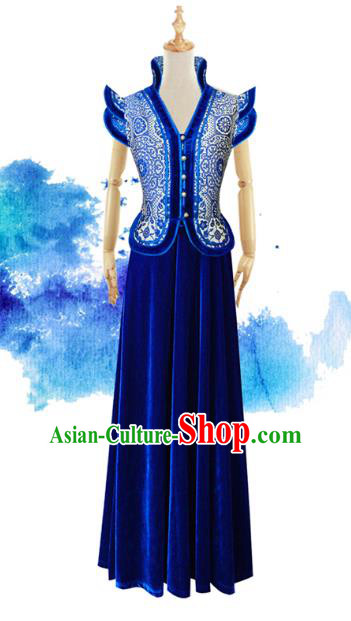 Traditional Chinese National Costume Elegant Hanfu Blue Mongolia Dress, China Tang Suit Chirpaur Cheongsam Qipao for Women