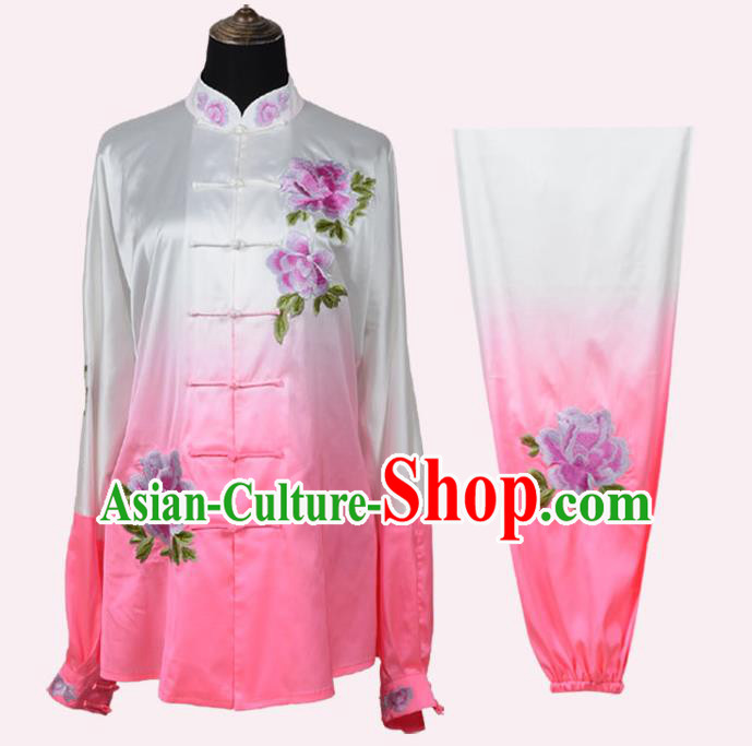 Top Kung Fu Costume Martial Arts Costume Kung Fu Training Pink Uniform, Gongfu Shaolin Wushu Embroidery Peony Tai Ji Clothing for Women