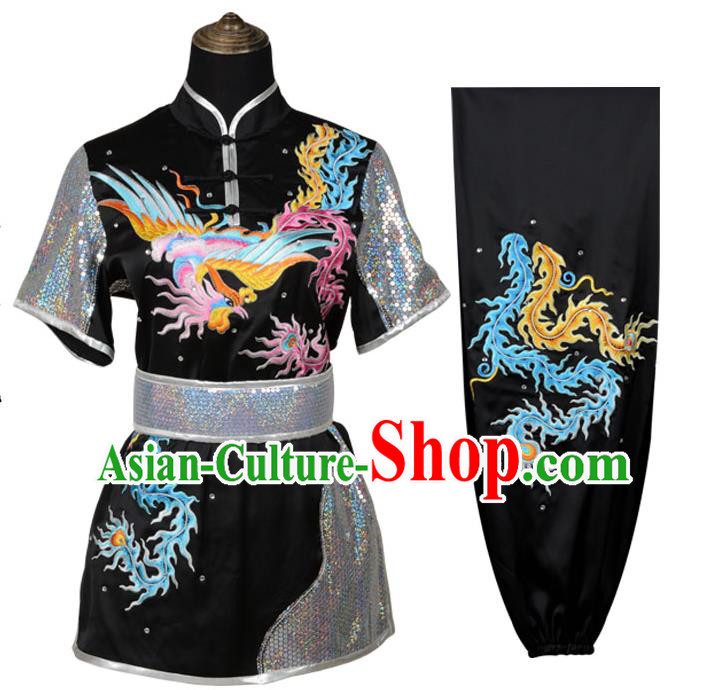 Top Kung Fu Costume Martial Arts Costume Kung Fu Training Black Uniform, Gongfu Shaolin Wushu Embroidery Dragon and Phoenix Tai Ji Clothing for Women