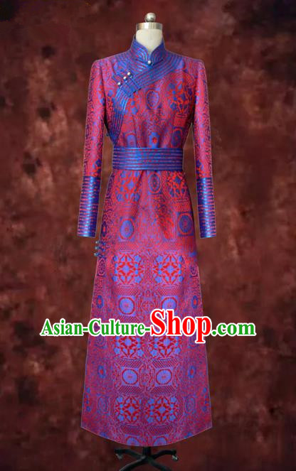 Traditional Chinese Mongol Nationality Dance Costume Rosy Mongolian Robe, Chinese Mongolian Minority Nationality Bride Embroidery Costume for Women