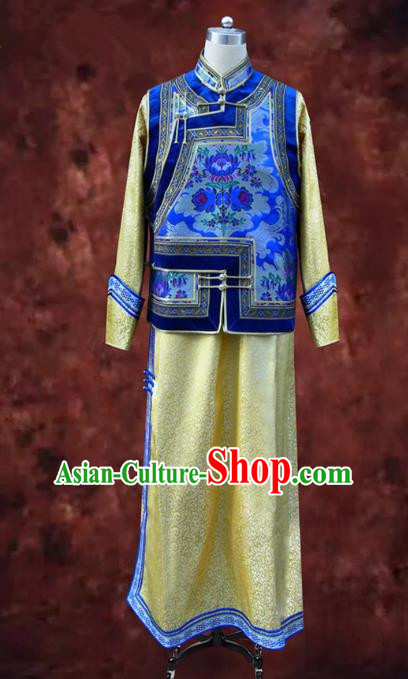 Traditional Chinese Mongol Nationality Dance Costume Blue Mongolian Robe, Chinese Mongolian Minority Nationality Bridegroom Embroidery Costume for Men