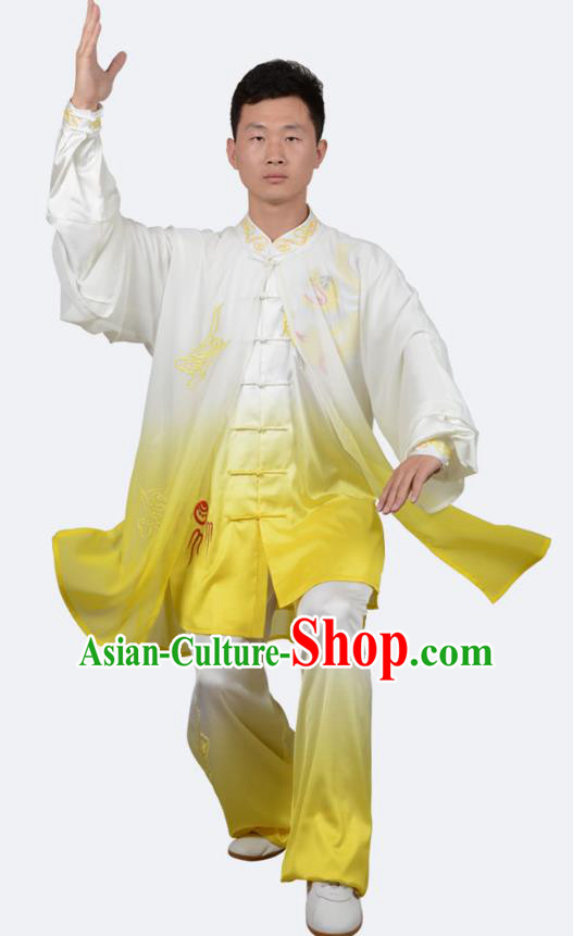 Top Kung Fu Costume Martial Arts Costume Kung Fu Training Yellow Uniform, Gongfu Shaolin Wushu Embroidery Dragon Tai Ji Clothing for Women for Men