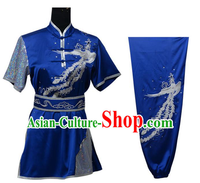 Top Kung Fu Costume Martial Arts Costume Kung Fu Training Plated Buttons Blue Uniform, Gongfu Shaolin Wushu Embroidery Phoenix Tai Ji Clothing for Women for Men