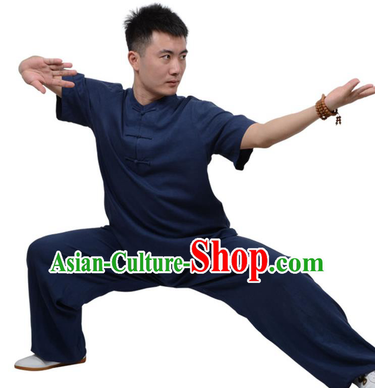 Top Kung Fu Linen Costume Martial Arts Costume Kung Fu Training Plated Buttons Navy Uniform, Gongfu Shaolin Wushu Tai Ji Clothing for Women for Men