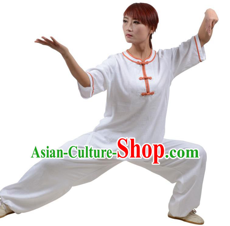 Top Kung Fu Linen Costume Martial Arts Costume Kung Fu Training Orange Plated Buttons White Uniform, Gongfu Shaolin Wushu Tai Ji Clothing for Women for Men