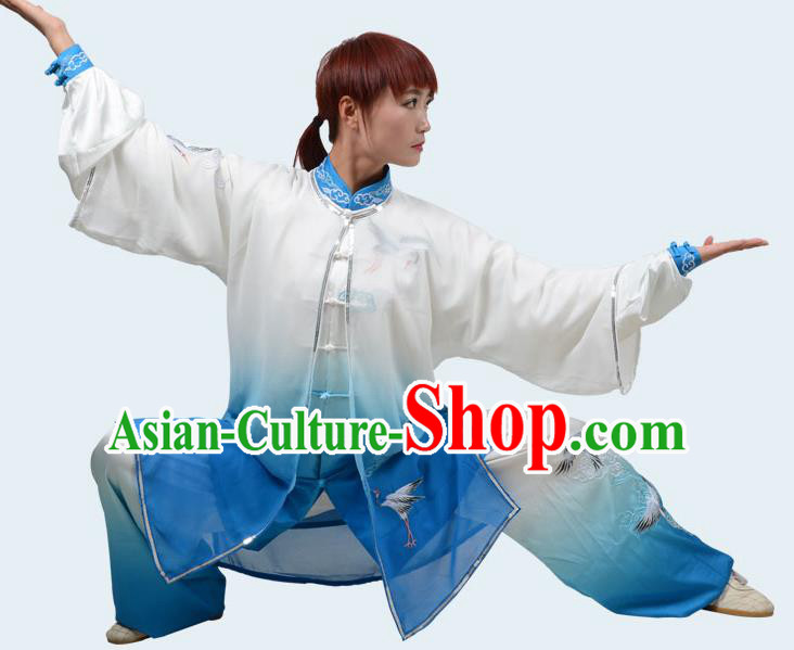 Top Kung Fu Costume Martial Arts Costume Kung Fu Training Gradient Blue Uniform, Gongfu Shaolin Wushu Embroidery Crane Tai Ji Clothing for Women for Men