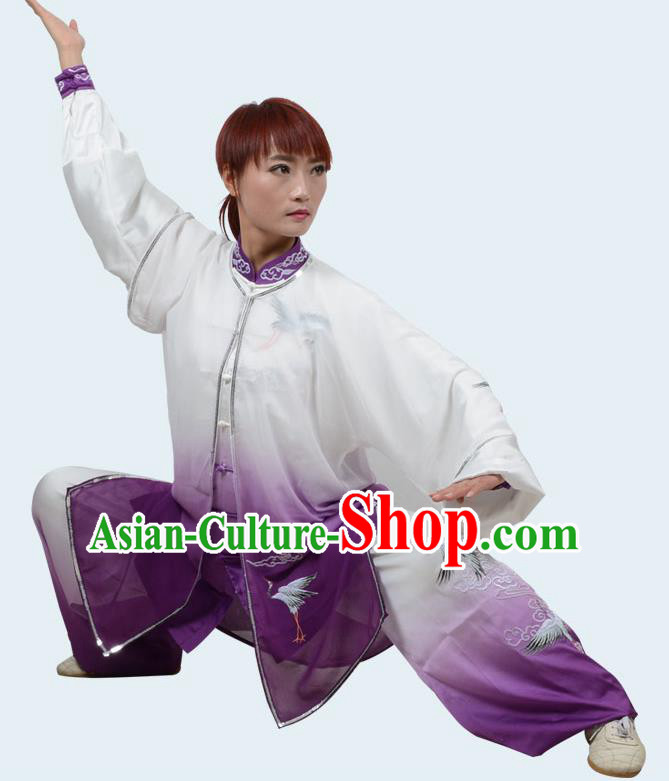 Top Kung Fu Costume Martial Arts Costume Kung Fu Training Gradient Purple Uniform, Gongfu Shaolin Wushu Embroidery Crane Tai Ji Clothing for Women for Men